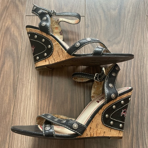 Replay Black Studded Cork Wedge Sandals with Silver Accents - Picture 2 of 5